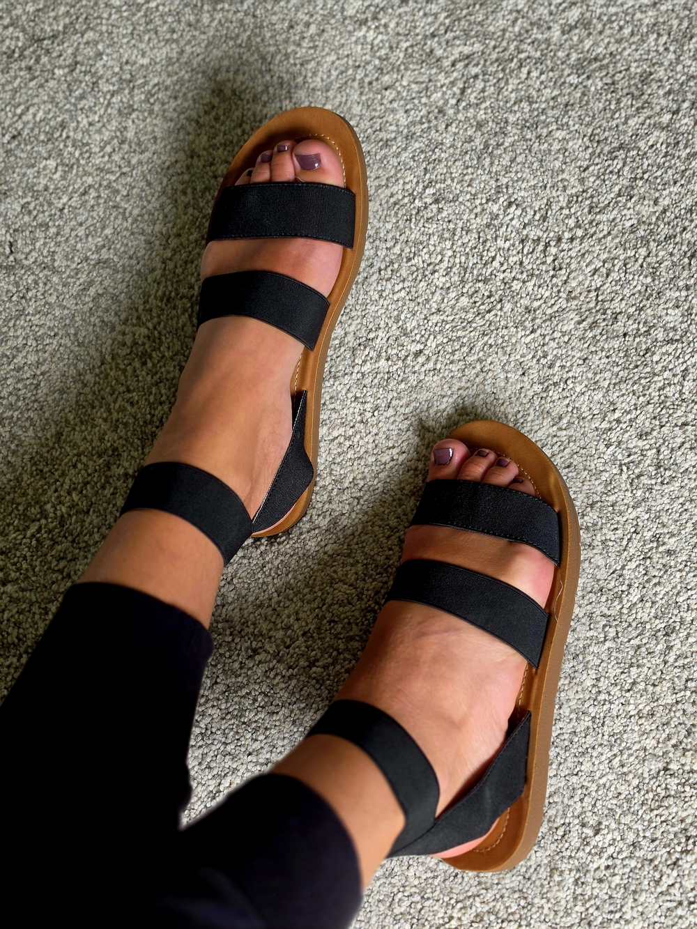 Women's Black Triple-Strap Elastic Sandals with Tan Sole
